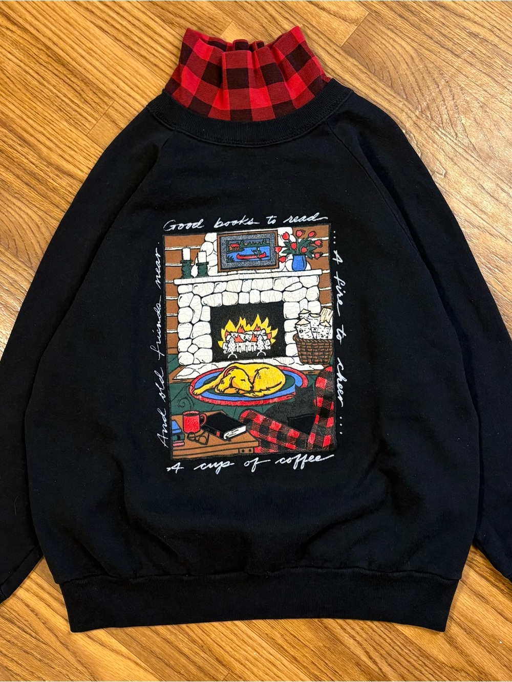 Gopher Sport Vintage Cozy Cabin Sweatshirt Buffalo Plaid Collar FireplaceGraphic